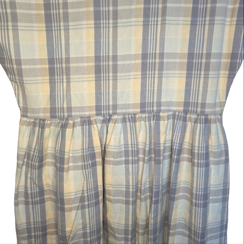 Vintage 90s Prairie Pinafore Cotton Plaid Embroidered Maxi Dress S - Picture 10 of 13